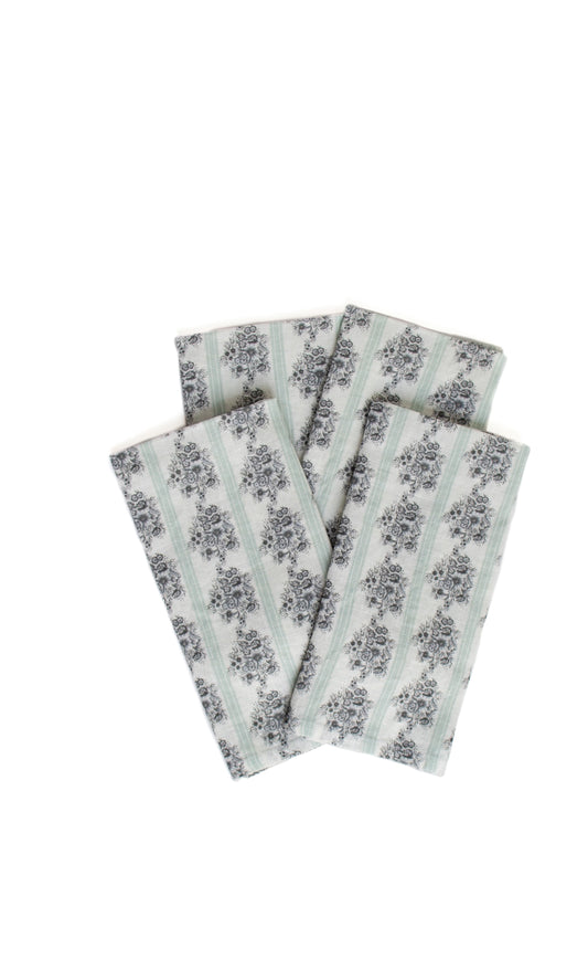 Set of Four Floral Stripe Linen Napkins